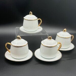 Vintage  Andrea by Sadek De Creame Demitasse Tea Cups with Lids Gold Trim